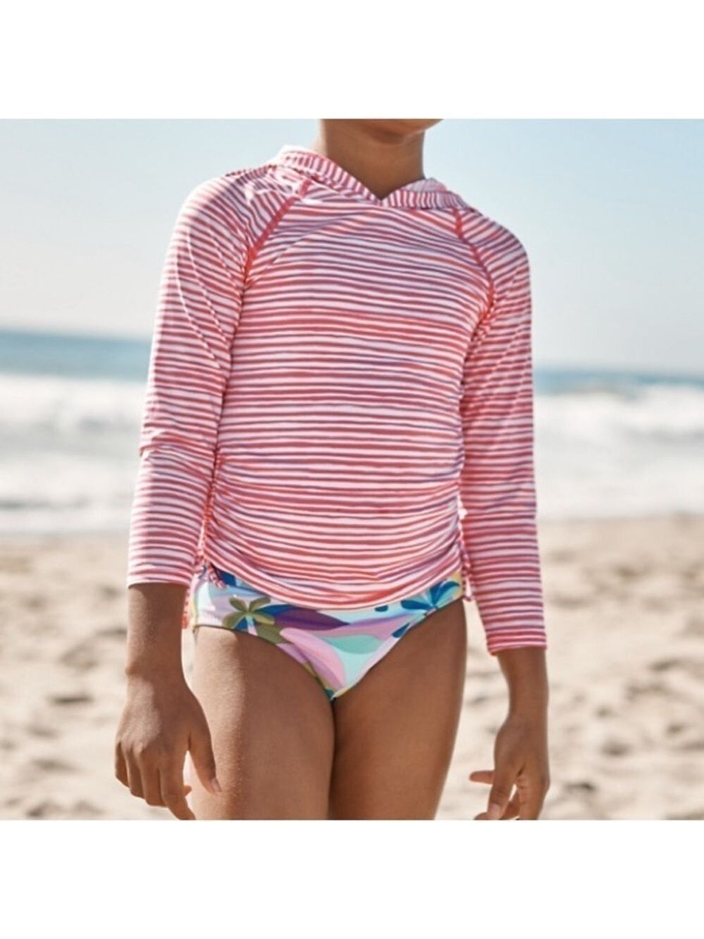 Garnet Hill Kids Girls' Hooded UPF Sun Shirt Pink & White Stripe Size 14
